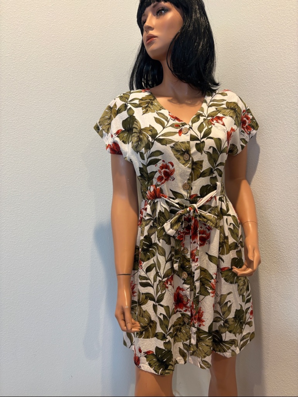 Floral Tie-Waist Mini Dress in White with Olive & Red Print